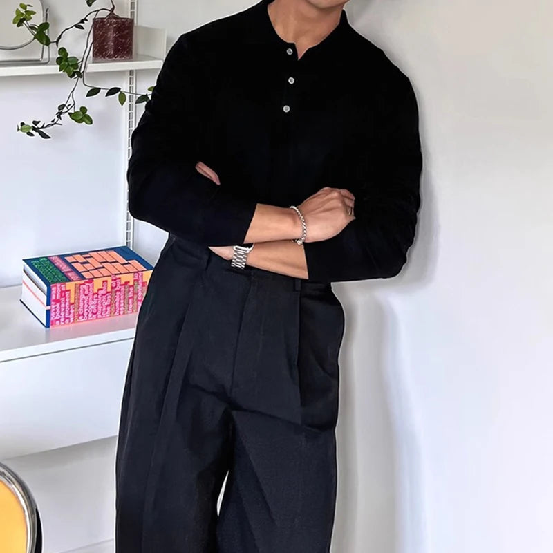 AIDASE  -  Slim Fit Button-up Turn-down Collar Knit Polo Shirt Fall Fashionable Mens Long Sleeve Polos Trendy Men's Solid Color Polo Shirts aidase-shop