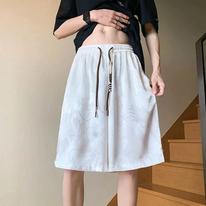 AIDASE  -  Chinese Style Dragon Pattern Ice Silk Jacquard Shorts Men's Summer Loose High-end Sports Trendy Casual Five-point Pants aidase-shop