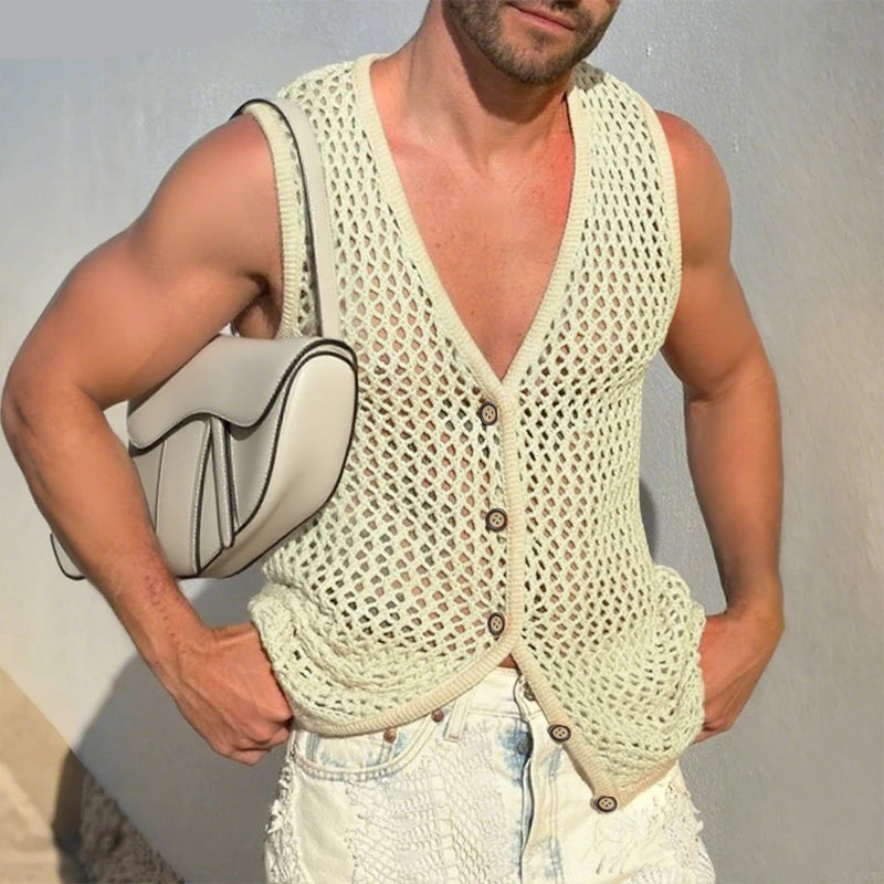 AIDASE  -  Mesh Men Tank Tops Sleeveless Sexy Tops Tee Summer V Neck Buttons Tops Streetwear Vests Oversize S-3XL Men's Clothing aidase-shop