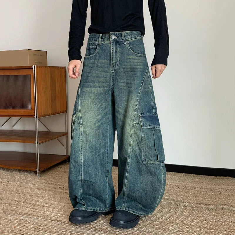 AIDASE  -  American Style Male Washed Jeans Large Pocket Design Loose Wide-Leg Scimitar Long Pants 2025 New Fashion Menswear 21E6838 aidase-shop