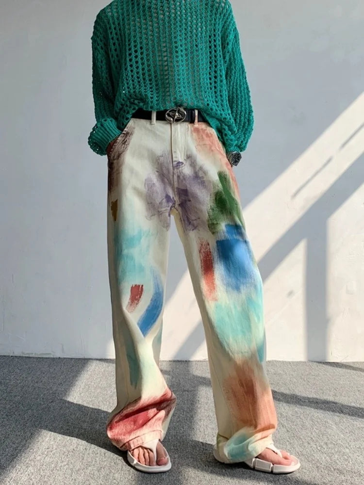 Aidase Oldschool Hand-painted Oil Painting Jeans with Colorful Paint Style, High-end Pants, Trendy Floor Mops aidase-shop