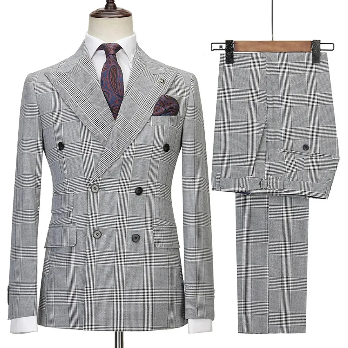 Aidase Gray Check Mens Wedding Tuxedos Double Breasted Slim Fit  Pants Suits Formal Party  Groom Wear 2 Pieces aidase-shop