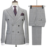 Aidase Gray Check Mens Wedding Tuxedos Double Breasted Slim Fit  Pants Suits Formal Party  Groom Wear 2 Pieces