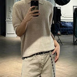 AIDASE  -  Men's Solid Color Hollow Knitted Short-Sleeved T-Shirt American Retro Fashion Trend Loose Casual Breathable Summer Men's Tops aidase-shop