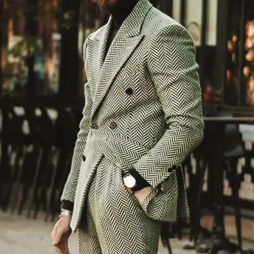 Aidase Herringbone Men Suit Slim Fit Wool Blend Double Breasted Tuxedos Formal Tailored 2Pieces Jacket and Pants aidase-shop