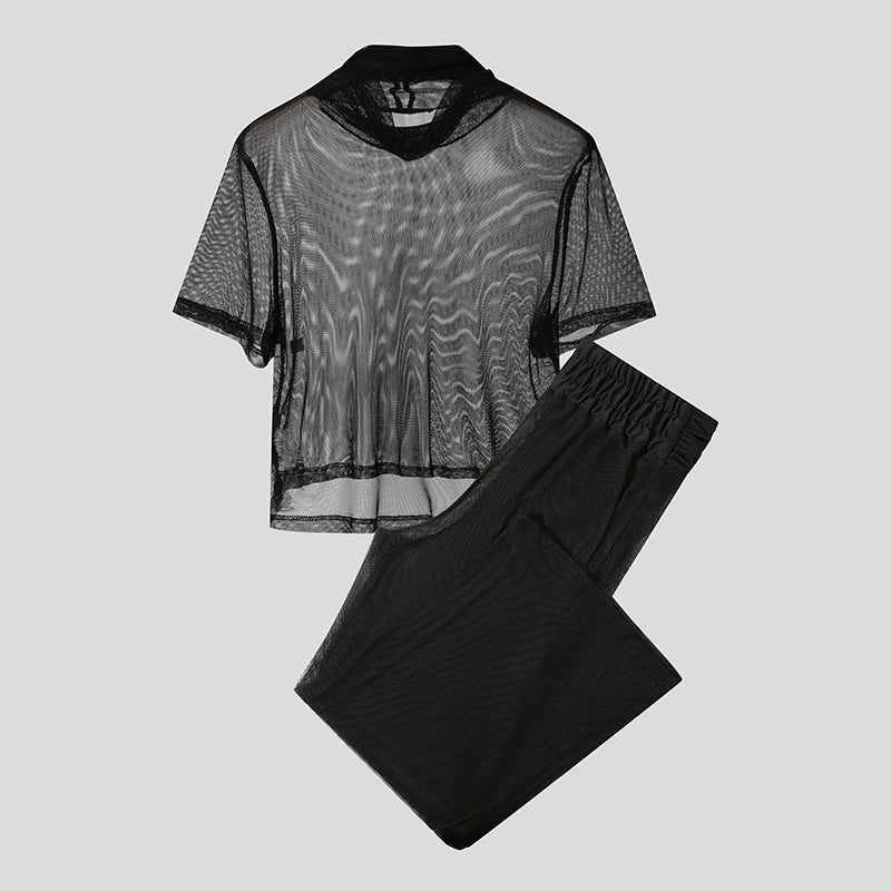 AIDASE  -  Men Sets Mesh See Through Sexy Turtleneck Short Sleeve T Shirt & Pants 2PCS Streetwear Summer 2025 Fashion Men's Suits aidase-shop