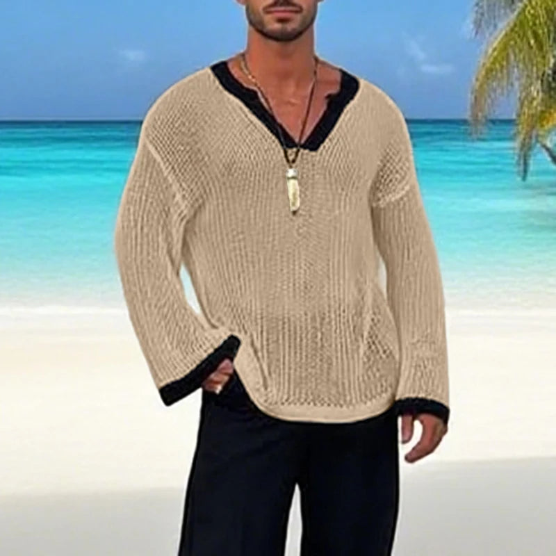 AIDASE  -  Men T Shirt Patchwork Hollow Out See Through Sexy Male Tee Tops Loose V Neck Long Sleeve Fashion Streetwear Men Clothing aidase-shop