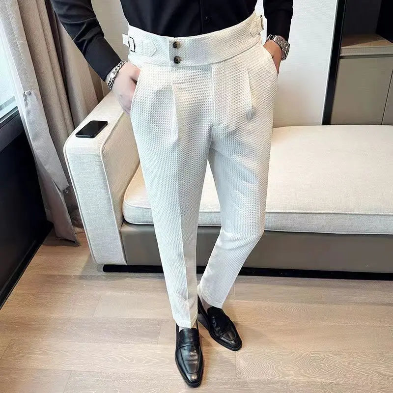 Aidase Fashion Slim Fit Waffle Pencil Pants Men Naples Suit Pant High Waist Button Business Casual Trousers High Quality Korean Pants aidase-shop