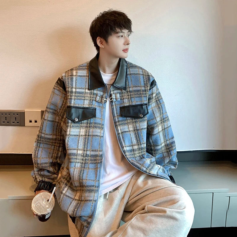 AIDASE  -  New Male Jacket Coats PU Leather Patchwork Lapel Zipper Casual Trendy Menswear Niche Design Handsome Men Tops 21E6679 aidase-shop