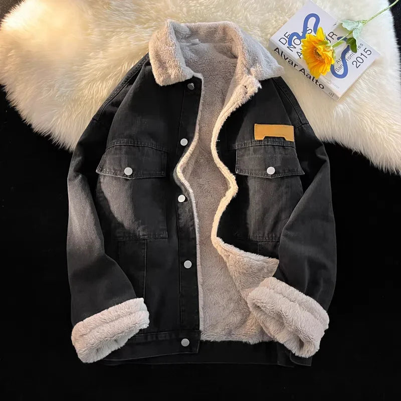 Aidase Thick Warm Lamb Fleece Lined Denim Jacket Men Winter Windbreaker Jackets Outwear Jeans Coats Male Multi-pockets Cowboy Clothing aidase-shop