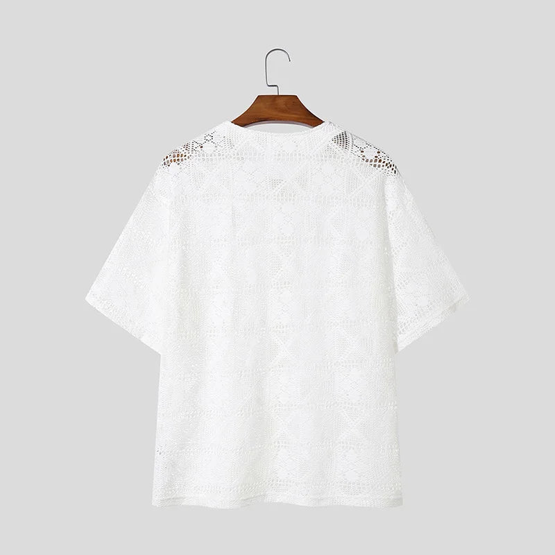 AIDASE  -  2025 Men Shirt Lace See Through Sexy O-neck Short Sleeve Button Male Tops Shirts Streetwear Sexy Men Clothing Summer aidase-shop