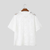AIDASE  -  2025 Men Shirt Lace See Through Sexy O-neck Short Sleeve Button Male Tops Shirts Streetwear Sexy Men Clothing Summer aidase-shop