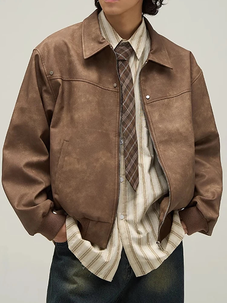 AIDASE  -  High Quality Mens Clothing Vintage Old Brown Pu Leather Coat Men's Fashion Zipper Jacket Spring and Autumn ropa hombre ropa aidase-shop