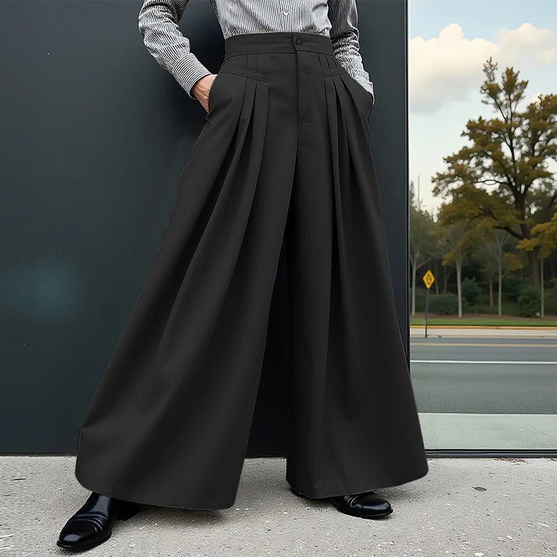 AIDASE  -  Men Wide Leg Pants Solid Color Button Joggers Loose Casual Trousers Men Streetwear Pleated Fashion Male Long Pants aidase-shop