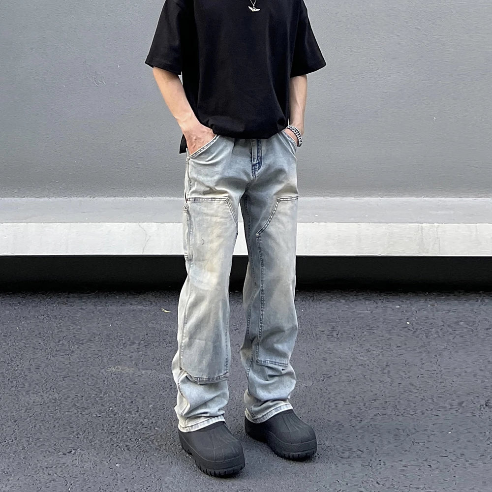 Aidase American Streetwear Double Knee Logging Overalls Mens Spring and Autumn Jeans Light Blue Straight Leg Pants Cleanfit Washed Jean aidase-shop