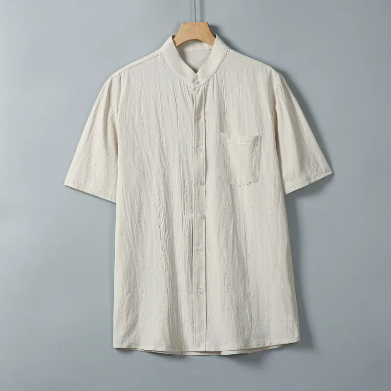AIDASE  -  Summer Short Sleeve Cotton Linen Shirts Men Solid Casual Stand Collar Shirt Male Breathable Loose Daily Blouse Tops Plus Size aidase-shop