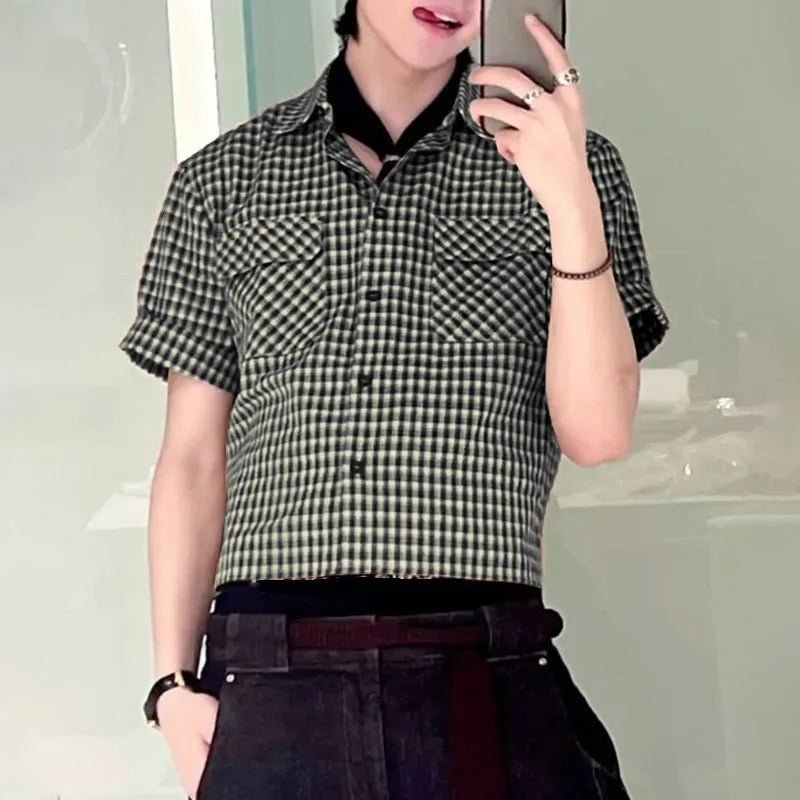 AIDASE  -  Men Plaid Shirt Lapel Short Sleeve Pockets Korean Style Men Clothing Summer Loose 2025 Streetwear Causal Male Crop Tops aidase-shop