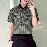 AIDASE  -  Men Plaid Shirt Lapel Short Sleeve Pockets Korean Style Men Clothing Summer Loose 2025 Streetwear Causal Male Crop Tops aidase-shop