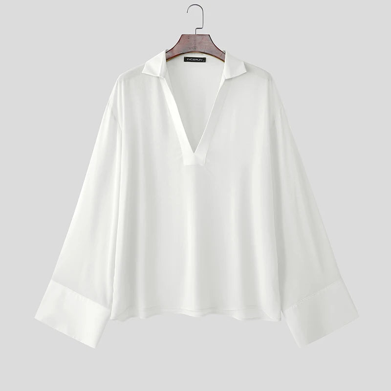 AIDASE  -  Men T Shirt Solid Color V Neck Long Sleeve Loose Casual Male Tee Tops 2025 Streetwear Translucent Fashion Men Clothing aidase-shop