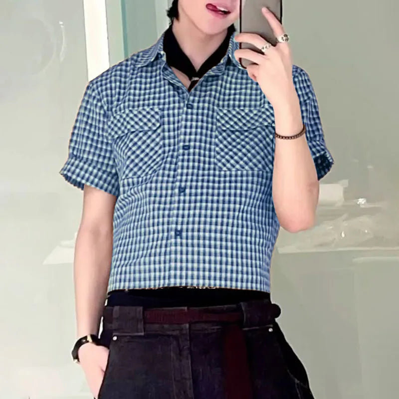 AIDASE  -  Men Plaid Shirt Lapel Short Sleeve Pockets Korean Style Men Clothing Summer Loose 2025 Streetwear Causal Male Crop Tops aidase-shop