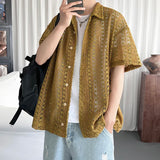 AIDASE  -  Niche Fashion Men's Shirts Floral Texture Hollow Out Design Short Sleeve Solid Color Lapel Single Breasted Shirt 21E6625