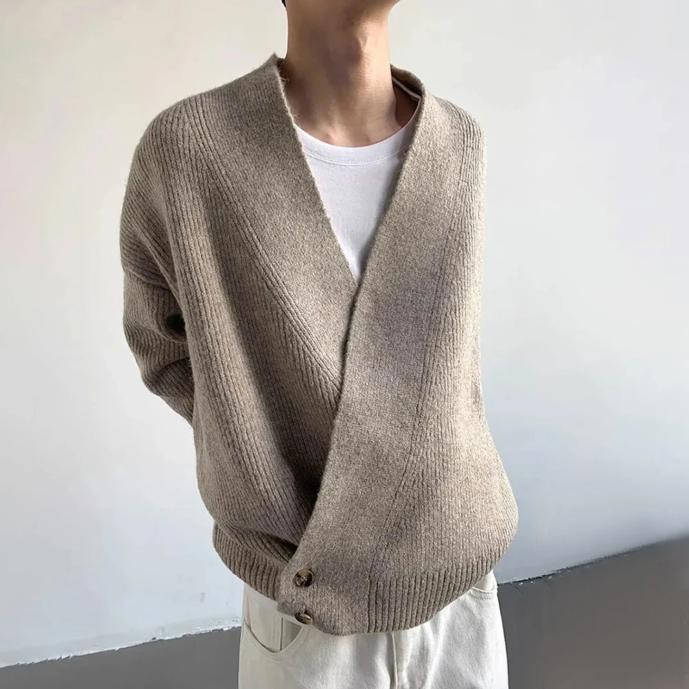 AIDASE  -  American High Street Fashion Solid Color Sweater Jacket Autumn And Winter Irregular Oblique Button V-Neck Cardigan Sweater Men aidase-shop