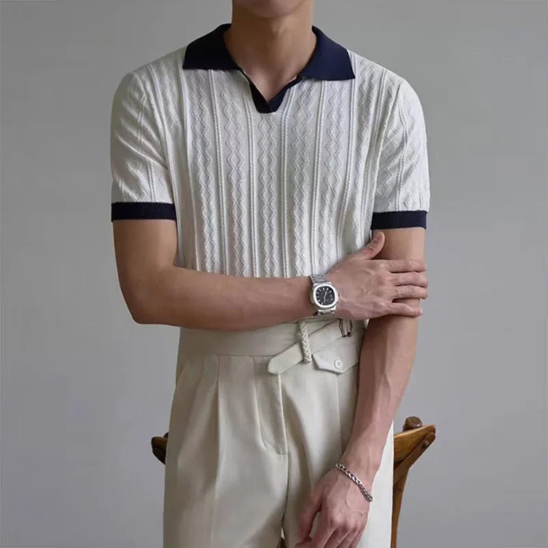 AIDASE  -  Knitting Short Sleeve Turn-down Collar Polos Men Summer New Casual Breathable Knit Polo Shirt Classic Mens Patchwork Polo Shirts aidase-shop