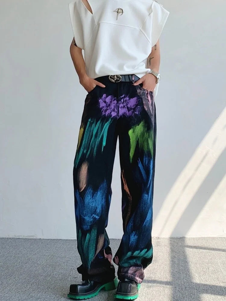 Aidase Oldschool Hand-painted Oil Painting Jeans with Colorful Paint Style, High-end Pants, Trendy Floor Mops aidase-shop