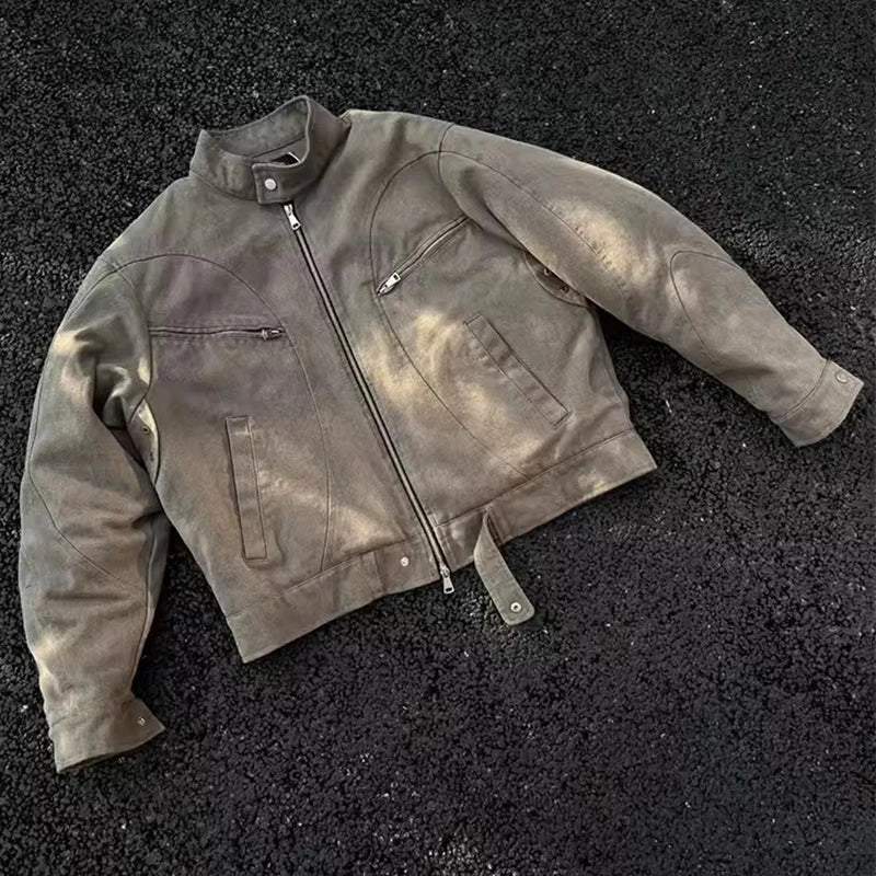 AIDASE  -  Grey Washed Denim Jacket Male Spring And Autumn Standing Collar American Vintage Cargo Jacket Man Winter куртка ropa hombre aidase-shop