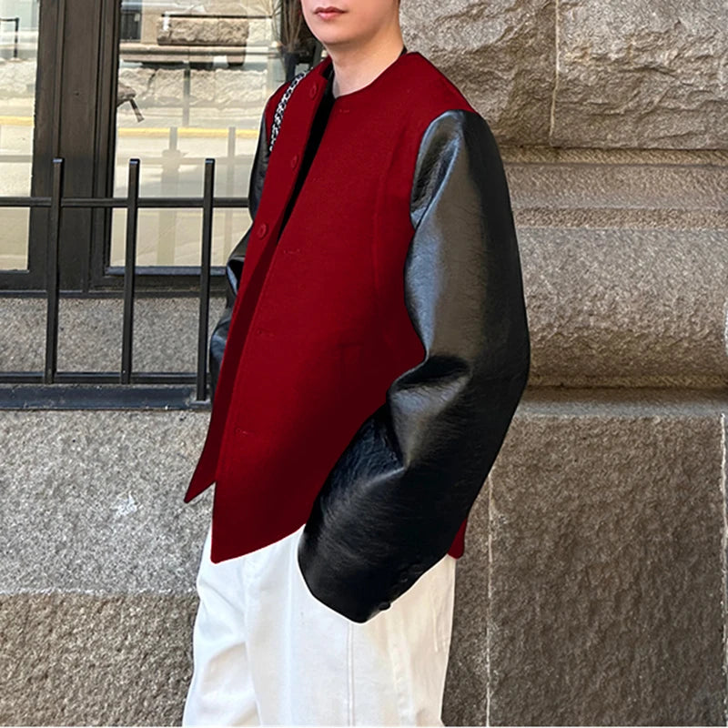 AIDASE  -  Men Jackets PU Leather Patchwork O-neck Long Sleeve Button Male Coats Streetwear 2025 Fashion Casual Jackets Men S-5XL aidase-shop