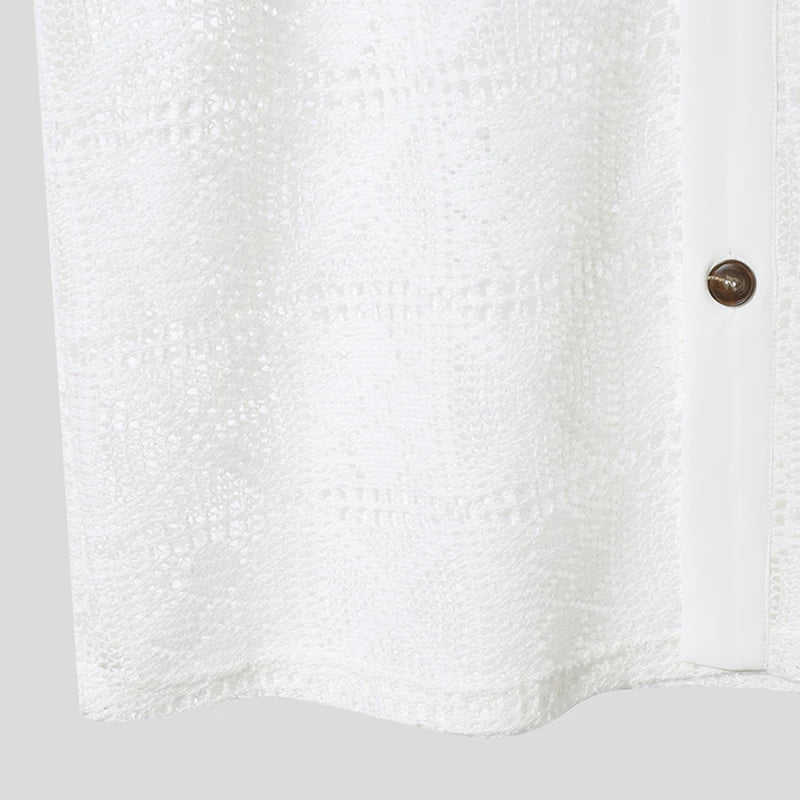 AIDASE  -  2025 Men Shirt Lace See Through Sexy O-neck Short Sleeve Button Male Tops Shirts Streetwear Sexy Men Clothing Summer aidase-shop