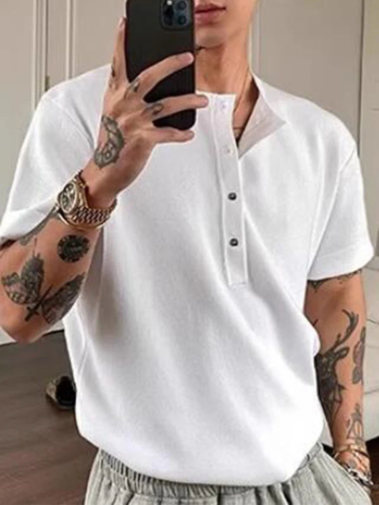 AIDASE  -  Knitting Solid Color Short Sleeve T Shirt Summer New Casual Buttoned Textured Men T-shirts Fashionable Mens Henley Neck Shirts aidase-shop