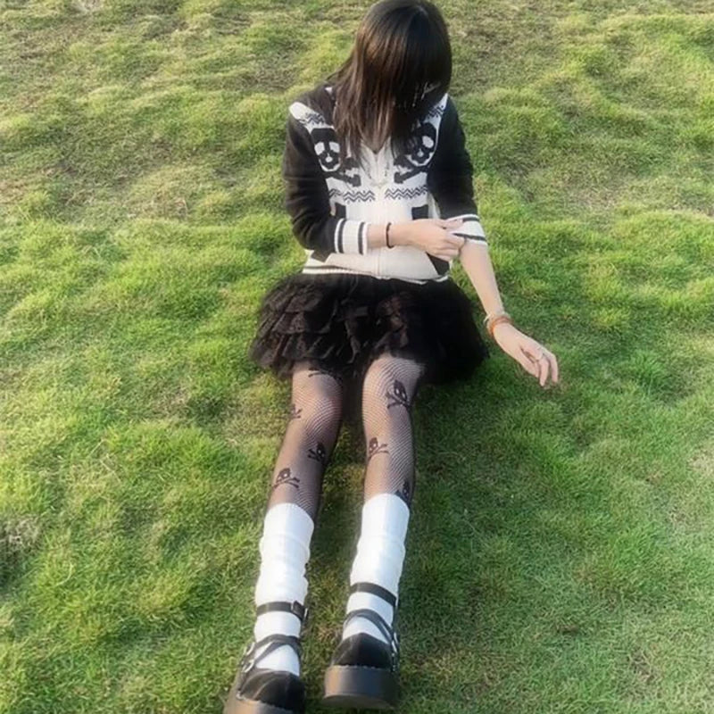 AIDASE  -  Sweaters Skull Hooded Zip Up Harajuku Pullover Women Winter Knitwear Pattern Oversized Streetwear Lovers Top 2000s Clothes Y2k aidase-shop