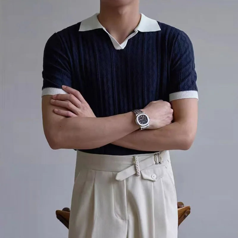 AIDASE  -  Knitting Short Sleeve Turn-down Collar Polos Men Summer New Casual Breathable Knit Polo Shirt Classic Mens Patchwork Polo Shirts aidase-shop