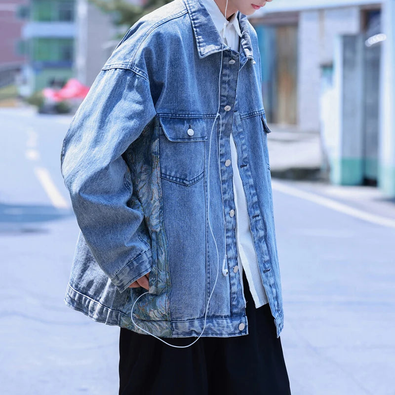 AIDASE  -  Trend Men Denim Jacket Coat Embroidered Patchwork Design Loose Long Sleeve Lapel Single-breasted Casual Menswear 21E6600 aidase-shop