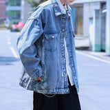 AIDASE  -  Trend Men Denim Jacket Coat Embroidered Patchwork Design Loose Long Sleeve Lapel Single-breasted Casual Menswear 21E6600 aidase-shop