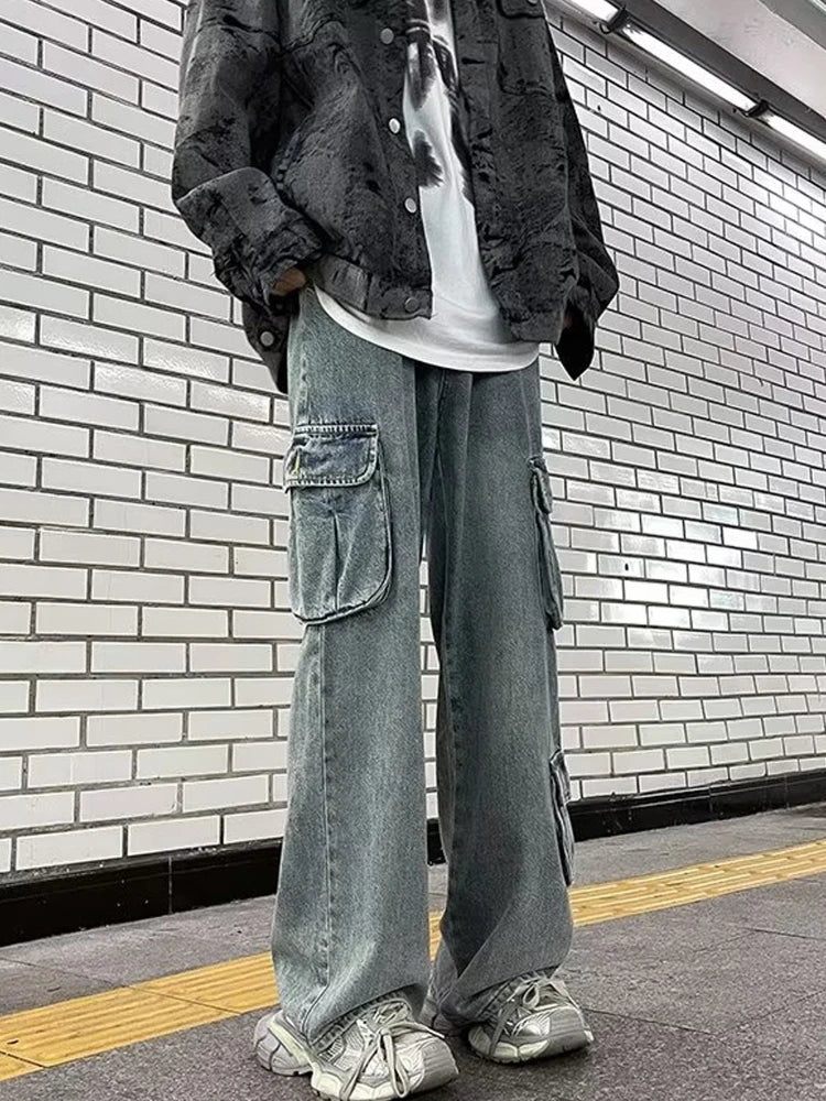 Aidase Men Jeans Multi Pockets Daily Hip Hop Casual Chic Teenagers All-match Mopping Washed Trousers Comfortable Classic Korean Style aidase-shop