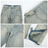 Aidase American Streetwear Double Knee Logging Overalls Mens Spring and Autumn Jeans Light Blue Straight Leg Pants Cleanfit Washed Jean aidase-shop