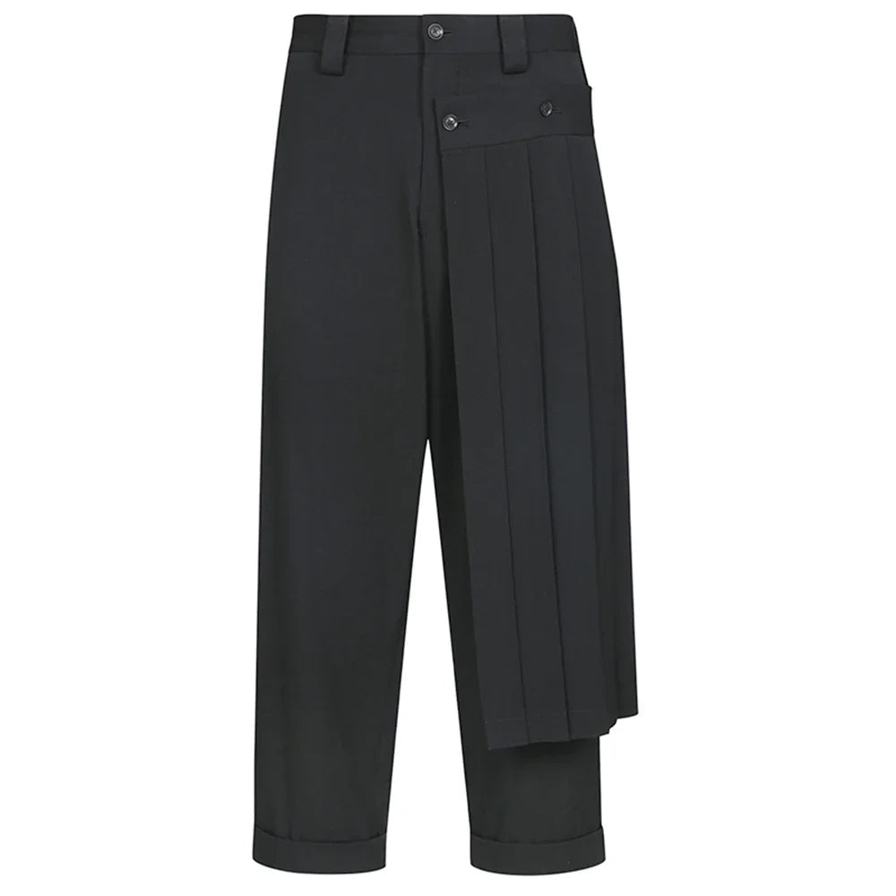 AIDASE  -  Spring Summer New Genderless Double-Layer Culottes Mens Fashion Trend Casual Deconstructed Pleated Trousers Straight Pants aidase-shop