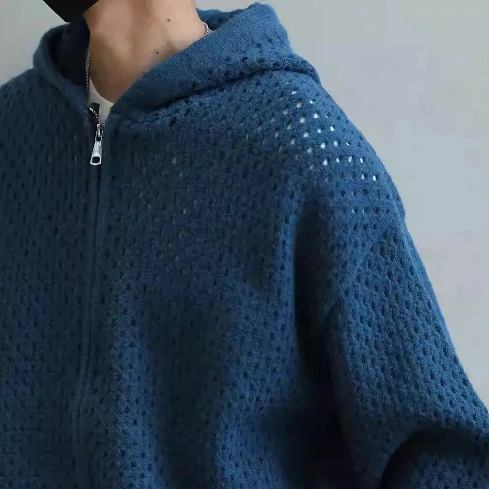 AIDASE  -  Y2K Mens Hollow Solid Color Knitted Breathable Hooded Sweater Autumn Student Campus Trend Japanese Outerwear Men's Clothing aidase-shop
