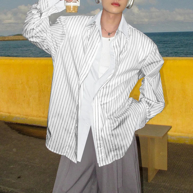 AIDASE  -  Men Shirt Striped Patchwork Lapel Long Sleeve Loose Men Clothing Streetwear 2025 Fashion Casual Male Shirts Korean Style aidase-shop