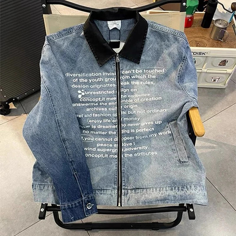 AIDASE  -  Men's Clothing Vintage Letter Zipper Denim Jacket Men's Spring And Fall Design Lapel Washed Biker Jacket Outerwears Coats Y2k aidase-shop