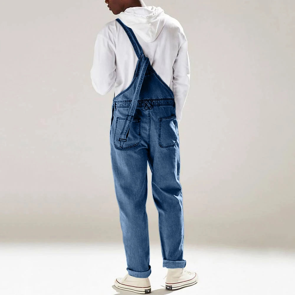 Aidase Streetwear Men's Solid Color Multi-pocket Denim Bib Overalls Casual Daily Denim Jumpsuit Fashion Male Suspender Long Pants aidase-shop