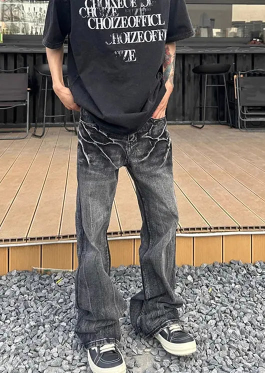 AIDASE  -  Fashion Men's Jeans Lightning Crack Print Washed Slim Fit Design Versatile Straight Slightly Flared Denim Pants 21E6876 aidase-shop