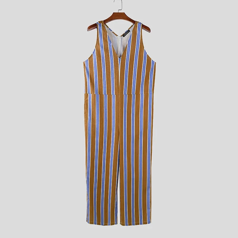 AIDASE  -  Men Jumpsuits Striped V Neck Sleeveless Casual Male Rompers Streetwear Loose Vacation Summer Fashion Male Overalls S-5XL aidase-shop