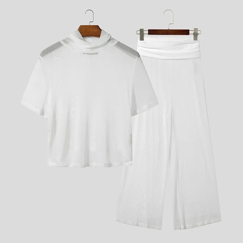 AIDASE  -  Men Sets Mesh See Through Sexy Turtleneck Short Sleeve T Shirt & Pants 2PCS Streetwear Summer 2025 Fashion Men's Suits aidase-shop