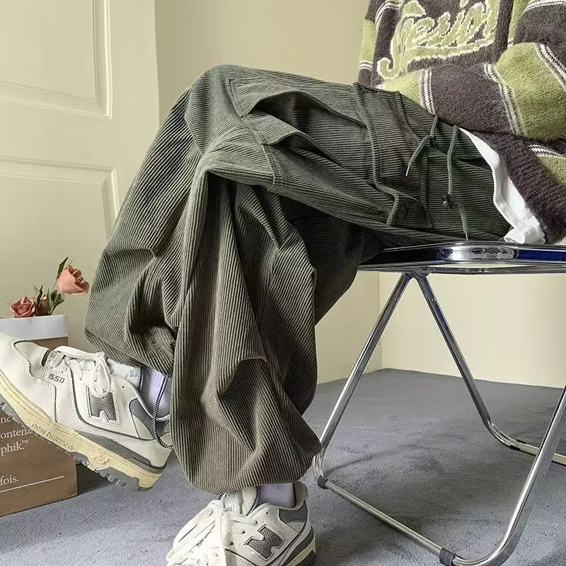 Aidase Corduroy Cargo Pants for Men Streetwear Black Cargo Trousers Male Joggers Hip Hop Green Black Japanese Pocket Korean aidase-shop