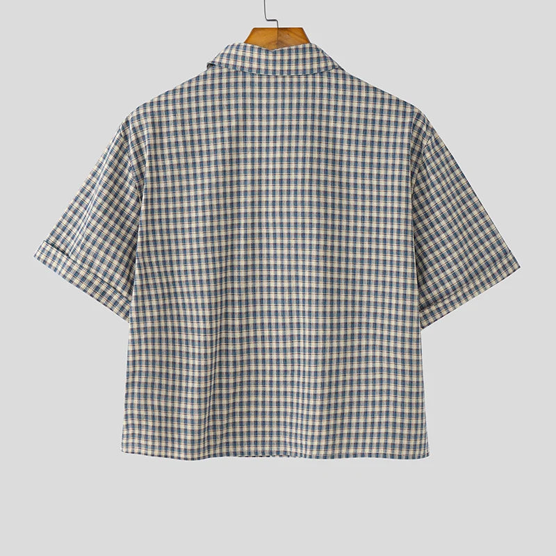 AIDASE  -  Men Plaid Shirt Lapel Short Sleeve Pockets Korean Style Men Clothing Summer Loose 2025 Streetwear Causal Male Crop Tops aidase-shop