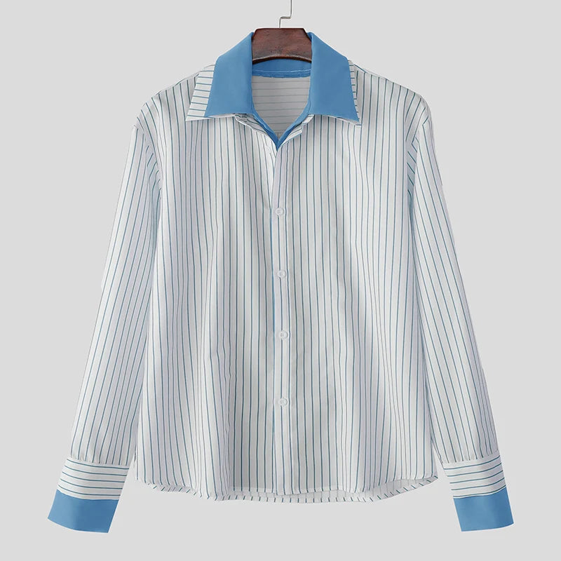 AIDASE  -  Men Shirt Striped Patchwork Lapel Long Sleeve Loose Men Clothing Streetwear 2025 Fashion Casual Male Shirts Korean Style aidase-shop