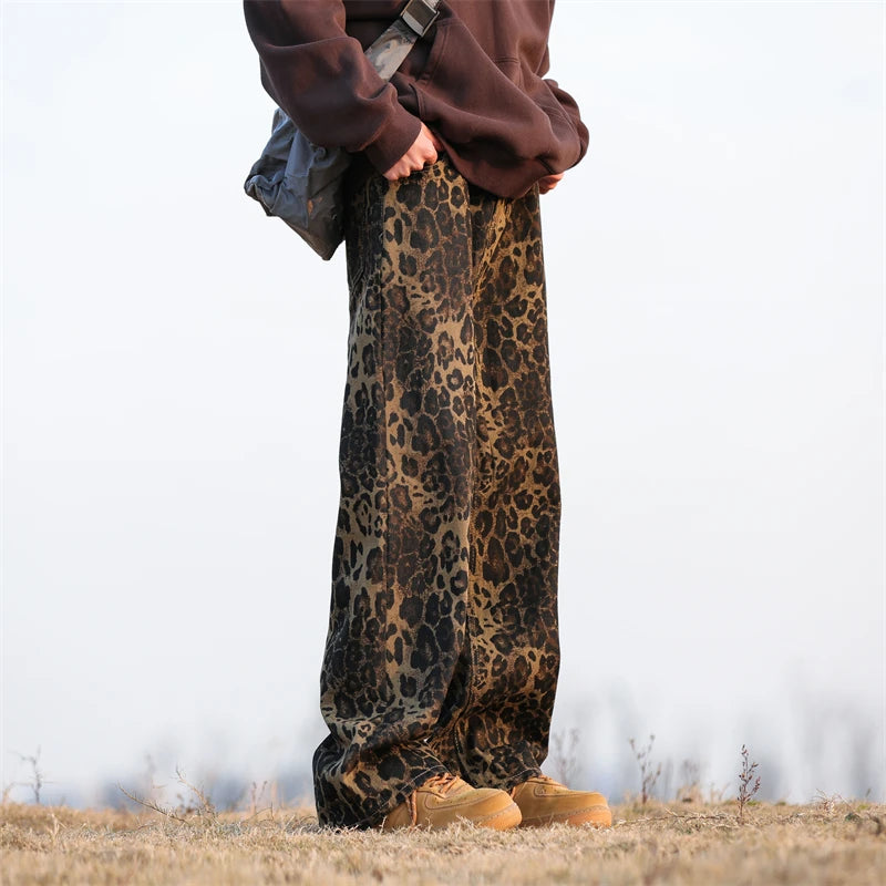 Aidase Leopard Print Jeans Men Fashion Retro Wide Leg Jeans Men Streetwear Hip-hop Loose Straight Jeans Mens Vintage Denim Trousers aidase-shop
